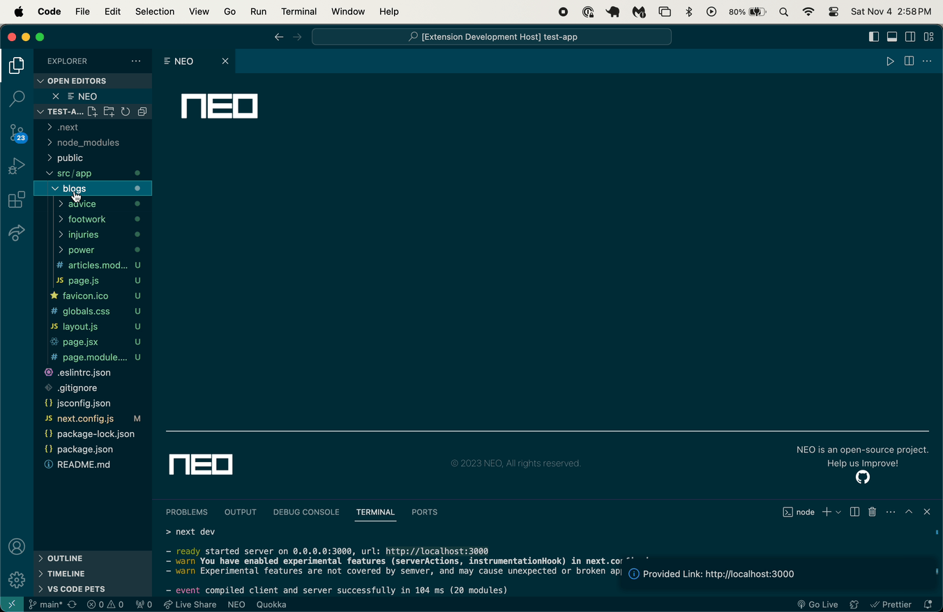 Next Engine Optimization Demo GIF of Opening NextJS Project