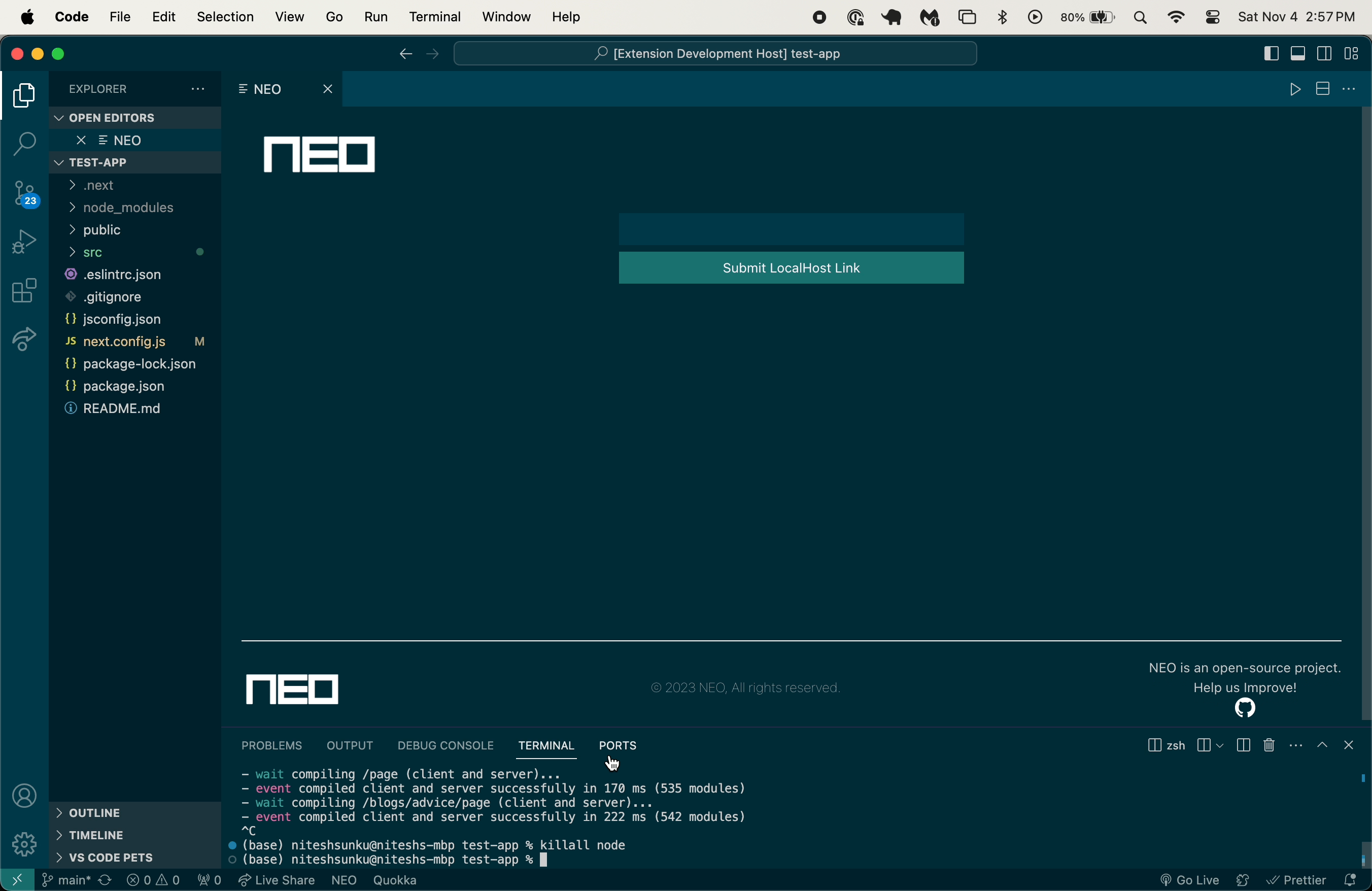 Next Engine Optimization Demo GIF of Opening NextJS Project